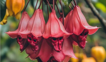 Red Bat-Faced Flowers Hanging from a Tree Branch in a Lush Greenery