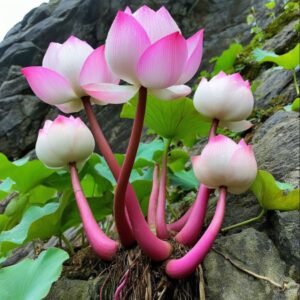 Mystical Rock Lotus with pink petals and long pink stems growing on rocky terrain.