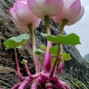 Mystical Rock Lotus with pink petals and vibrant roots growing on rocky cliff.