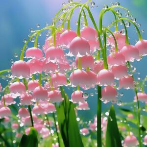 Delicate Pink Lily of the Valley Flowers Covered in Dew Drops