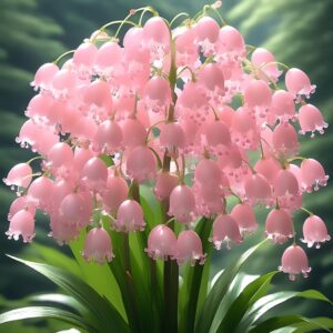 Pink Lily of the Valley plant with cascading bell-shaped flowers in a green garden