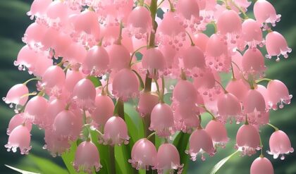 Pink Lily of the Valley plant with cascading bell-shaped flowers in a green garden