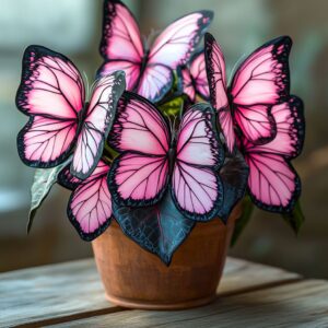 Pink and black Moonlight Butterfly Begonia with butterfly-shaped flowers in a wooden pot.