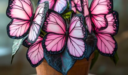 Pink and black Moonlight Butterfly Begonia with butterfly-shaped flowers in a wooden pot.