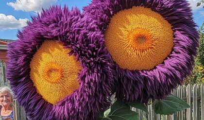 Close-up of two large purple Giant Teddy Bear Sunflowers with bright yellow centers in a sunny garden, with an elderly woman in the background