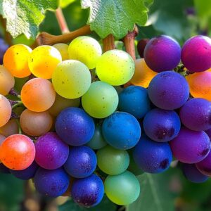 Rainbow-colored grapes growing on a vine