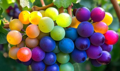 Rainbow-colored grapes growing on a vine