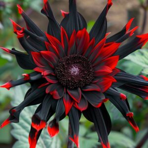 Black and red Dahlia flower with sharp, pointed petals