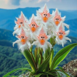 Fluffy flowers resembling small faces with mountain backdrop