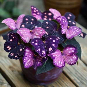 Butterfly Begonia plant with vibrant purple and pink polka dot flowers in a decorative pot