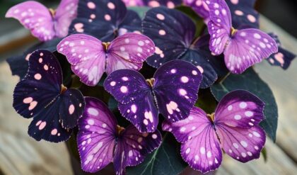 Butterfly Begonia plant with vibrant purple and pink polka dot flowers in a decorative pot