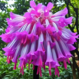 Close-up of a vibrant pink and purple Hanging Lobelia flower with cascading petals in a garden setting