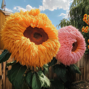 Giant Teddy Bear Sunflowers in Yellow and Pink Blooming in a Garden