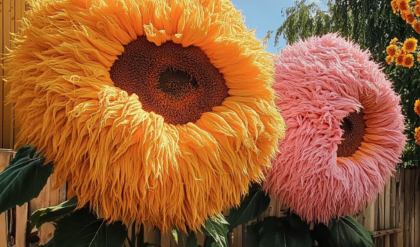 Giant Teddy Bear Sunflowers in Yellow and Pink Blooming in a Garden