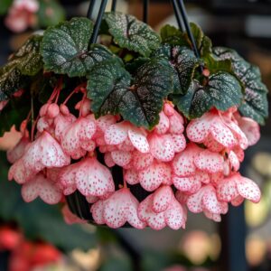 Hanging Pot of Weeping Begonia Flowers with Pink and White Spotted Blooms