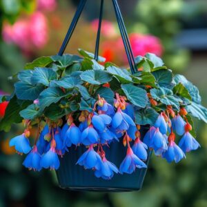 Weeping Begonia with vibrant blue flowers in a hanging pot