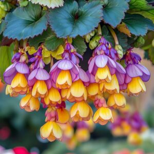 Weeping Begonia with purple and yellow gradient flowers in a hanging pot