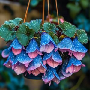 Hanging Weeping Begonia with blue and pink bell-shaped flowers