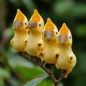 Yellow Parrot Flower with blossoms resembling tiny yellow parrots on a branch