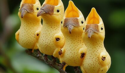 Yellow Parrot Flower with blossoms resembling tiny yellow parrots on a branch