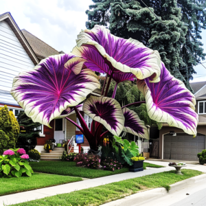 Giant Purple Colocasia Plant in Front of a Residential House