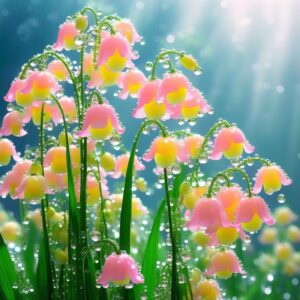 Pink and yellow Lily of the Valley blossoms with dewdrops in soft sunlight.