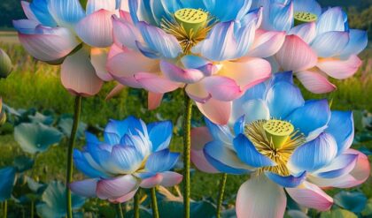 Blue and Pink Lotus Flowers in a Vibrant Bloom Against a Mountain Background