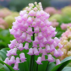 A cluster of soft pink Lily of the Valley flowers arranged in a cascading form, surrounded by lush green leaves.