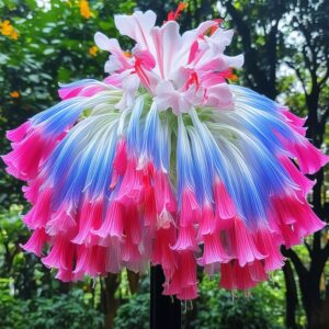 Hanging Lobelia flower with cascading pink, blue, and white blooms