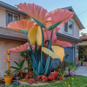 Vibrant Elephant Ear Plant with coral, yellow, and teal leaves in a home garden setting