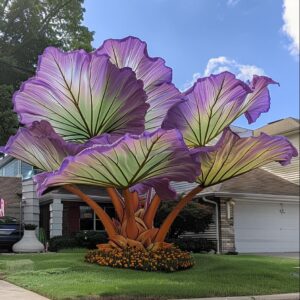 Giant purple and green leafy plant with striking veins in front of a house