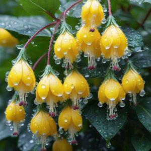 Yellow Lilium Pink Bell Flowers Covered in Dew