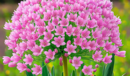 Large pink pom-pom flower cluster with delicate petals