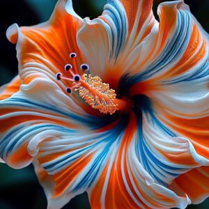 Vibrant orange and white Hibiscus flower with blue accents and intricate details.