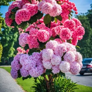 Vibrant Hydrangea tree displaying clusters of pink and white flowers under a clear blue sky.