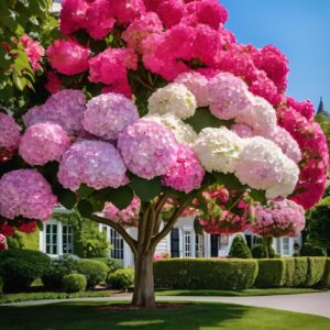 Vibrant Hydrangea tree displaying clusters of pink and white flowers under a clear blue sky.