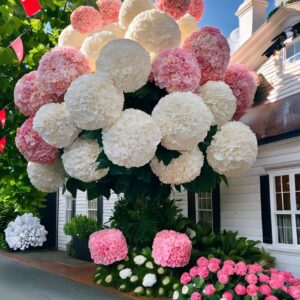 A stunning hydrangea tree displaying large clusters of pink and white flowers against a blue sky.