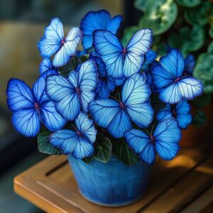 Begonia 'Moonlight Butterfly' with vibrant blue flowers and dark green leaves in a decorative pot