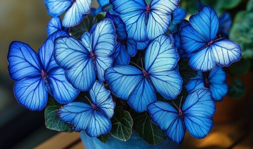 Begonia 'Moonlight Butterfly' with vibrant blue flowers and dark green leaves in a decorative pot