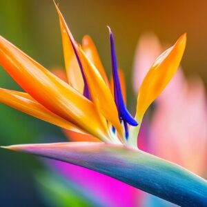 Close-up of a vibrant Bird of Paradise flower with striking orange and blue petals.