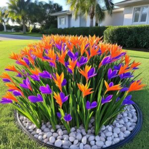 Vibrant garden bed with orange and purple Bird of Paradise flowers