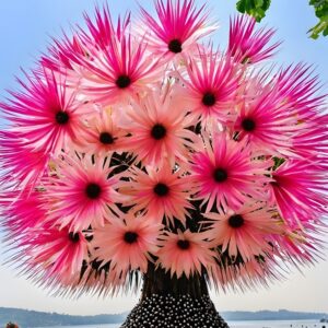 "Dragon Tree Flower (Dracaena cinnabari) with vibrant pink and white blossoms in a unique floral pattern