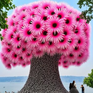 Large Dragon Tree Flower (Dracaena cinnabari) with vibrant pink blossoms and people admiring it by the lake.