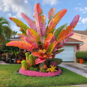 Vibrant Elephant Ear plant with large, colorful leaves in a garden setting.