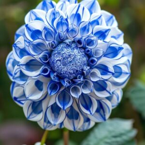 Close-up of blue and white dahlia with intricate patterns