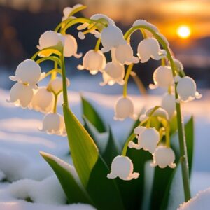 "Lily of the Valley flowers covered in frost during sunrise in a snowy landscape."