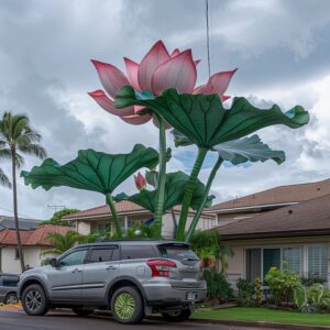 Oversized pink Lotus flowers with large green leaves towering over parked cars in a residential area.