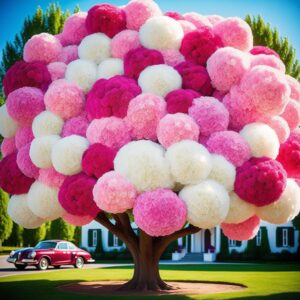 A vibrant Hydrangea Tree 'Candy Bloom' adorned with large, fluffy pink, white, and magenta flower clusters, set against a sunny backdrop and a classic car parked nearby.