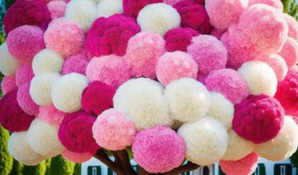 A vibrant Hydrangea Tree 'Candy Bloom' adorned with large, fluffy pink, white, and magenta flower clusters, set against a sunny backdrop and a classic car parked nearby.