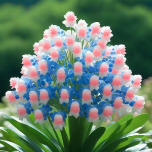 A vibrant cluster of lily of the valley flowers with pink, white, and blue bell-shaped blooms against lush green foliage.